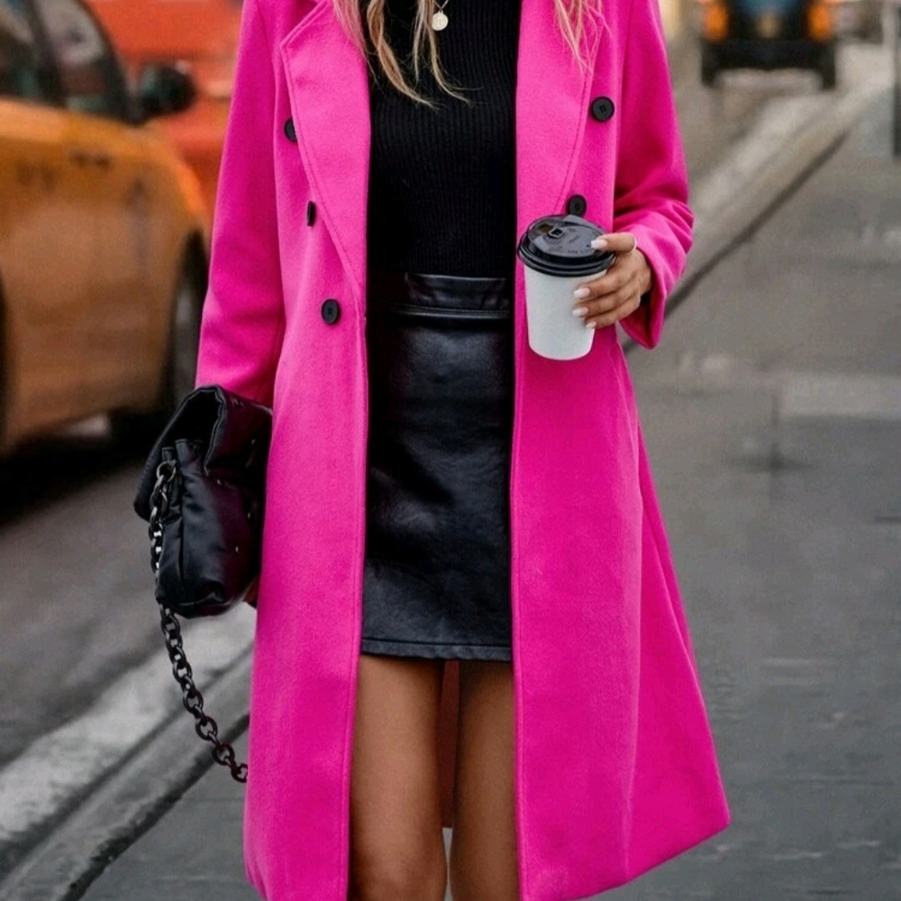SHEIN Fuchsia Double-Breasted Trench Coat